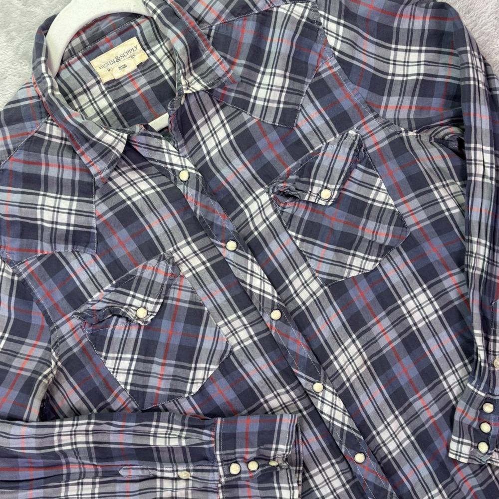 Denim & Supply Ralph Lauren Womens Sz XL Navy Plaid Pearl Snap Western Shirt